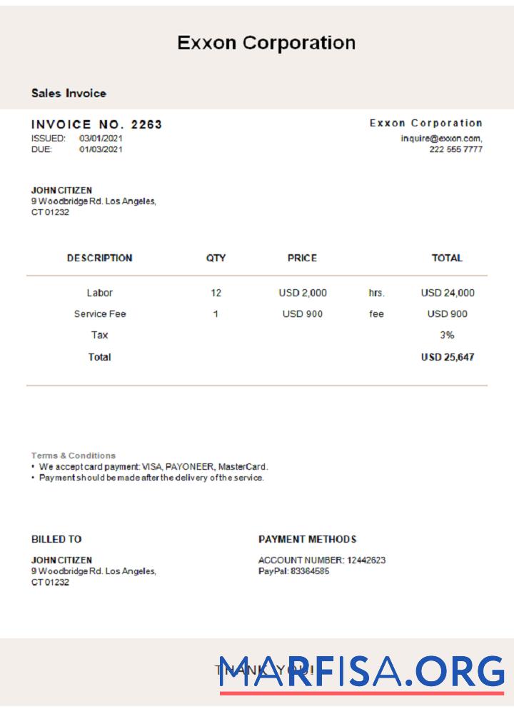 Downloadable USA Exxon Corporation invoice template